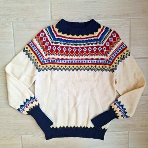 DANNIT Denmark Fair Isle Yoke Hand Knitt Wool Sweater Womans